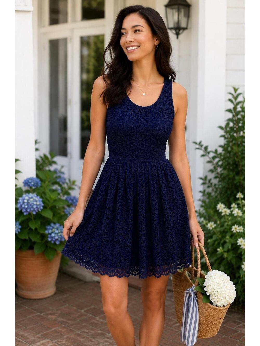 J.Crew Navy Blue Eyelet Lace Fit Flare Dress Women’s Size 4 NWT Sleeveless